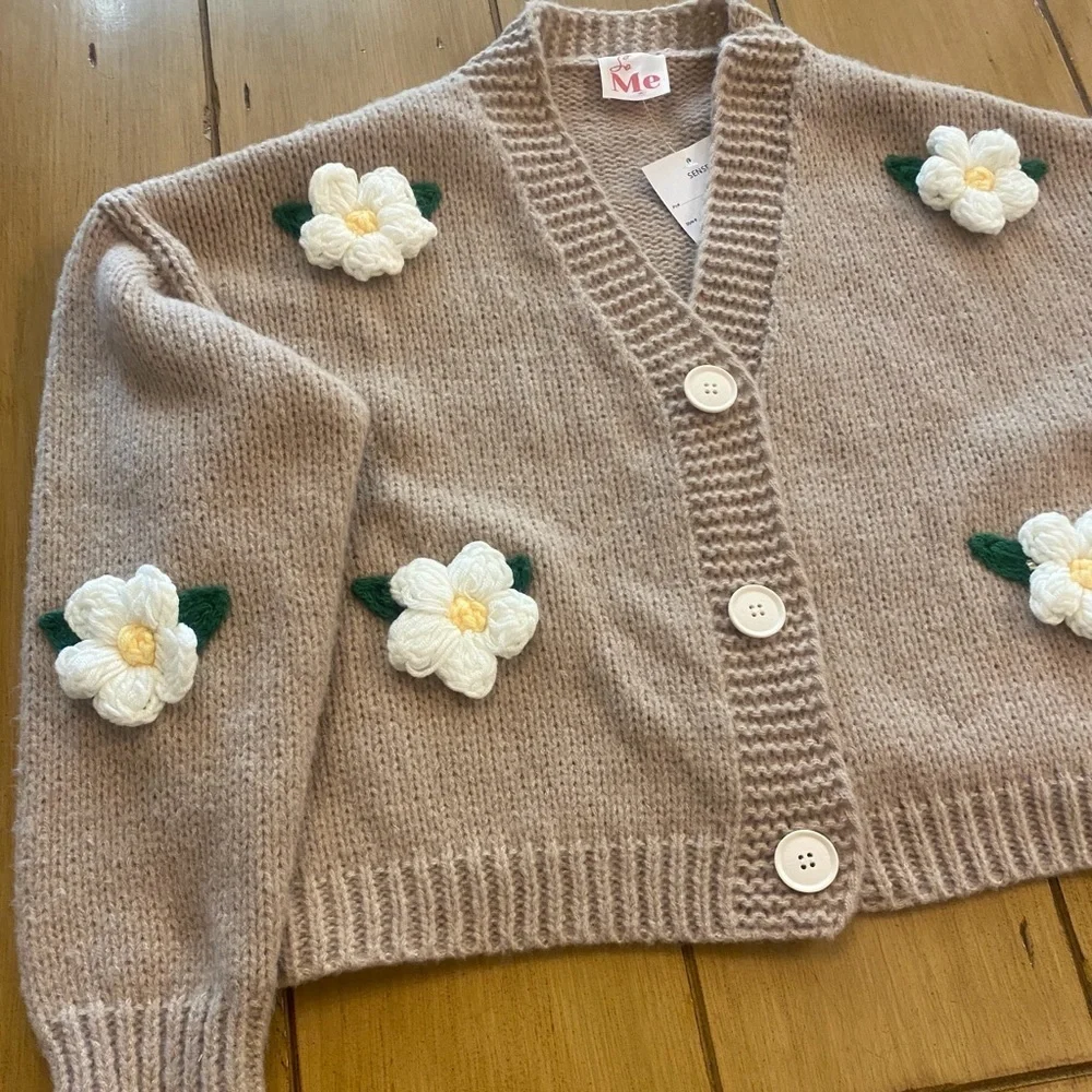 Women’s Knit Cardigan Cottagecore Crochet Flowers Oversized New M-XL - Picture 11 of 11